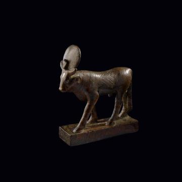 71. Unknown Apis Bull with a Greek Inscription, 500-450 BC Bronze Object: H: 10.2 W: 2. D: 8. cm, 0.45 kg (4 1 1/8 3 1/2 in., 0.21 lb.) EX.2018.4.13 72.