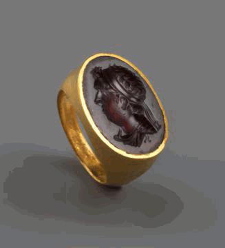 3 3 107. Unknown Gem with Ptolemy IX Soter (Savior) II or Ptolemy X Alexander, 116-80 BC Garnet set in a gold ring Object: H: 2.6 W: 1. D: 2.3 cm, 0.011 kg (1 3/4 7/8 in., 0.0243 lb.