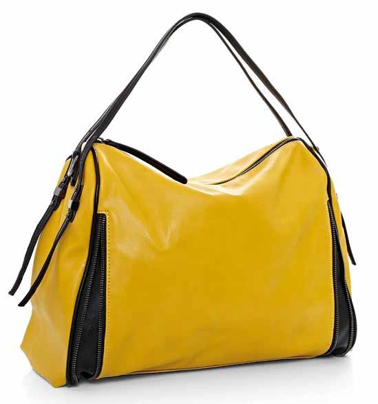 BACK VIEW 58056 Mustard leather-look handbag. Black leather-look trim.