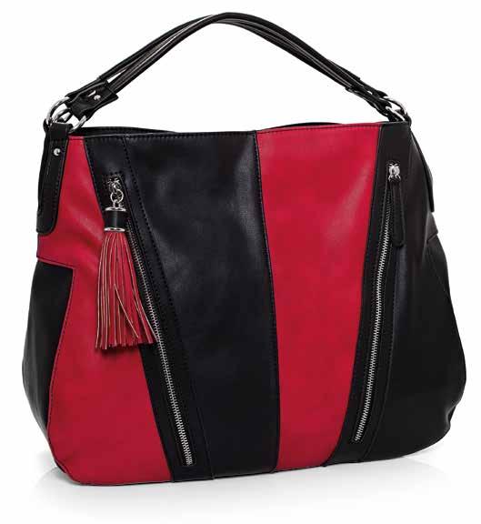 BACK VIEW 58051 Black leather-look handbag. Red leather-look detail. Two front pouches with metal zip closure. Rhodium plated hardware. Central nylon zip.