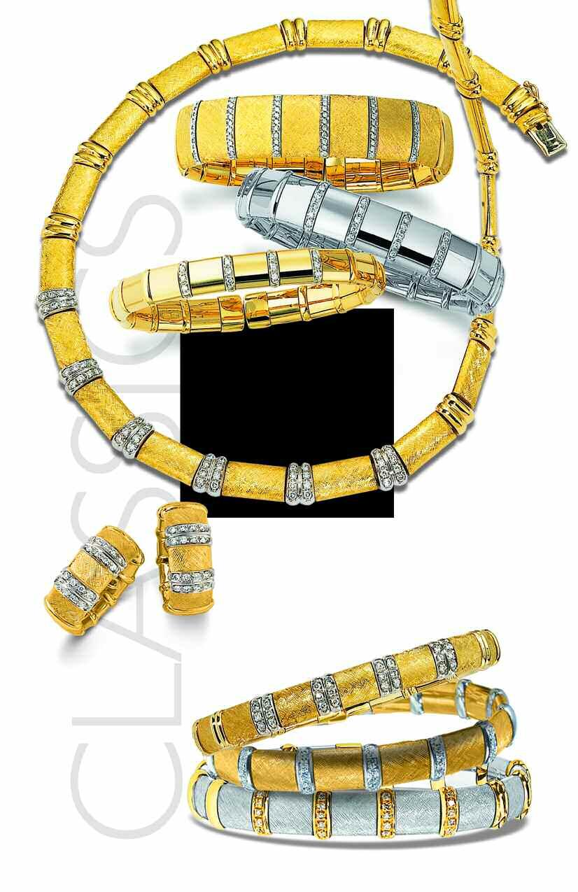 LASSIS OLLTION 18K handcrafted yellow and white gold uro-lex bracelets along with matching necklaces, earrings and rings are timeless in their appeal.