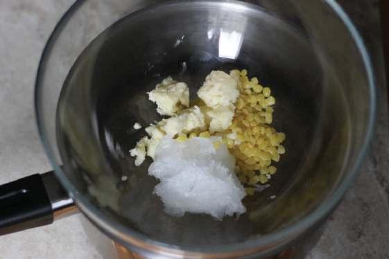 1. Melt the coconut oil, shea butter and bees wax in the double boiler at a medium heat (around 45 ).
