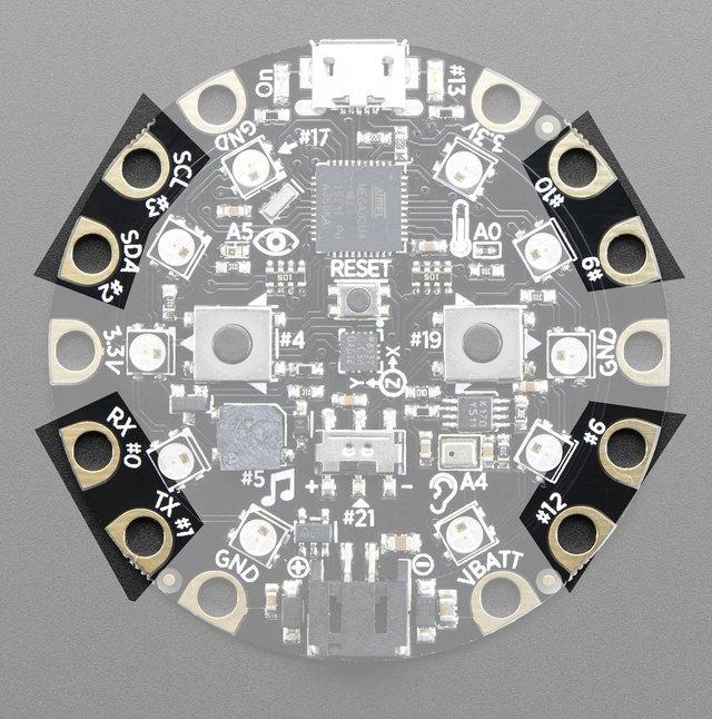 All 8 non-power pads around the circuit playground have the ability to act as capacitive touch pads. Each pad has a 1Mohm resistor between it and digital pin #30.