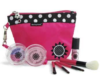 Simply Makeup Includes: 1 Four-Piece Brush Set 3 Eyeshadows (Pinkle, True Blue and Mocha) 1 Compact-Style Lip Color (Cherry Blossom) 1 Blush (Pink Petals) 1 Pressed-Powder Compact 1 Roll-On