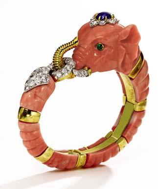 Speight including the delightful Carved Coral, Colored Stone and Diamond Elephant Bangle, David Webb (lot 305, $15/20,000) and the Green Enamel, Ruby and Diamond Frog Bangle, David Webb similar to