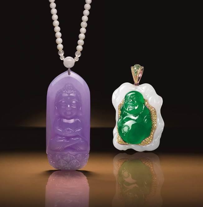 Melon Pendant, Artistic and Versatile Design Jewellery, 10+ Sets of Jadeite Bangles & 60+ high-calibre no-reserve lots (Left) Natural Lavender Jadeite 'Baby Buddha' and Shell Bead Pendent Necklace,