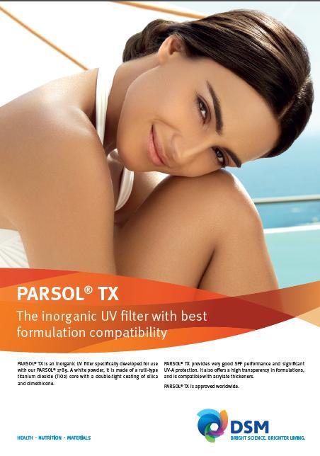 PARSOL TX the inorganic UV filter with best formulation compatibility Intention to grant EP patent Rutile TiO 2 Coating designed for excellent compatibility with PARSOL 1789 and other ingredients in