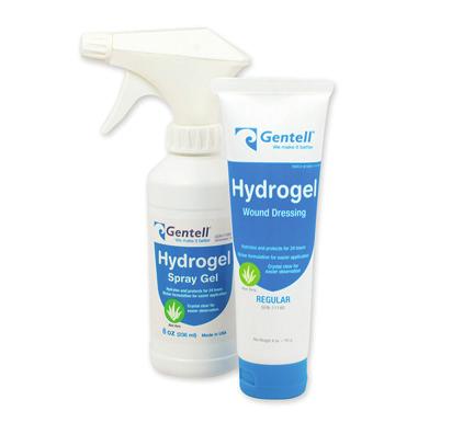 Hydrogel 4 oz Tube 12/case GEN-11140 8 oz Adjustable Spray Bottle 6/case GEN-11080 Hydrates the wound for an extended duration Gentell Hydrogel s crystal-clear formula makes the wound easier to see