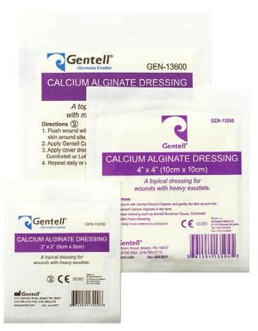 Calcium Alginate Dressing 2 x2 (5x5cm) 50/case GEN-13200 Uniformly absorbs, collects and contains 20 times its weight in exudate Can be molded and folded to fit the size of the wound Easy to remove
