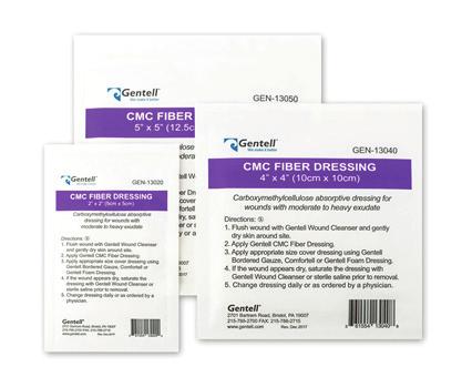 CMC Fiber Dressing 100% carboxymethylcellulose (CMC) 2 x2 (5x5cm) 10/box 50/case GEN-13020 4 x4 (10x10cm) 10/box 50/case GEN-13040 5 x5 (12.5x12.