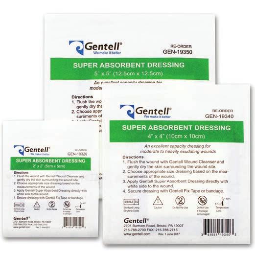 Multi-layer construction absorbs exudate and promotes wound healing Minimizes risk of maceration Absorbs up to 40x its weight in exudate Super Absorbent Dressing 2 x2 (5x5cm) 50/case GEN-19320 Can be
