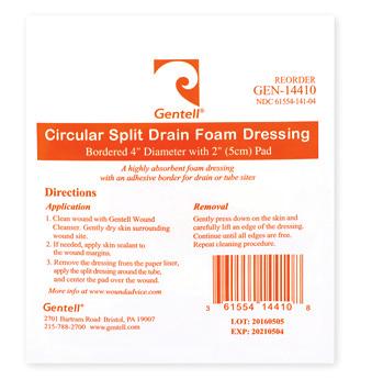 Circular Split Drain Foam Dressing 4 Diameter (2 Pad) (with adhesive border and water-resistant backing) 50/case GEN-14410 Easy to apply on heels, joints, and other wound sites with irregular or