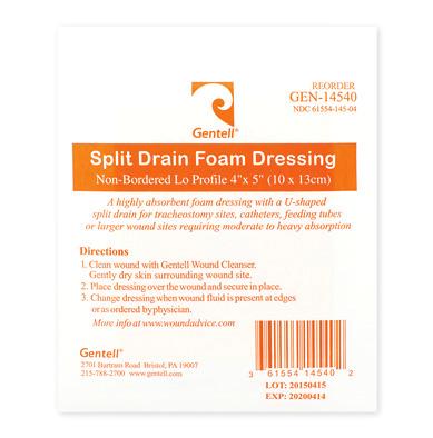 Easy to apply for tracheostomy and other tubed wound sites with moderate to heavy drainage Split Drain Foam Dressing 4 x5 (10x13cm) Split Drain Dressing Non-Adhesive 50/case GEN-14540 Highly