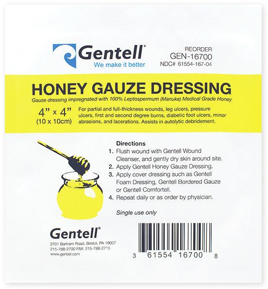 Honey Gauze Manuka Dressing 4 x4 (10x10cm) 10/box 50/case GEN-16700 Gauze dressing impregnated with 100% Leptospermum (Manuka) Medical Grade Honey Easiest way to apply Medical Grade Honey Helps