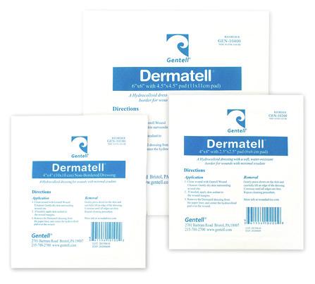 Dermatell TM Hydrocolloid Wound Dressings 4 x4 (Non-Bordered) 10/box 50/case GEN-10100 4 x4 (2.5 x2.5 Pad) 10/box 50/case GEN-10200 6 x6 (4.5 x4.