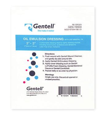 Oil Emulsion Dressing 3 x3 (8x8cm) 50/case GEN-19000 Gauze dressing impregnated with USP mineral oil Ideal for lightly exuding wounds, minor burns, lacerations & abrasions Latex free & nonadherent