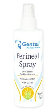 Perineal Spray 8 oz Spray Bottle (236 ml) 36/case GEN-32180 1 Gallon Bottle (3785 ml) **/case GEN-32400 (not shown) Formulated with Aloe Vera No rinse formula Designed for use in perineal and ostomy
