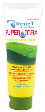 Maximum strength incontinence protection Will not clog pores of incontinence briefs Cleans off as easily as it goes on SuperMax Barrier Cream 4 oz Tube (113g) 12/case GEN-23340 Active Ingredients