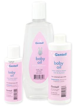 4 oz Bottle (118ml) 96/case GEN-23604 Baby Oil 8 oz Bottle (236ml) 48/case GEN-23608 14 oz Bottle (414ml) 24/case GEN-23614 Helps relieve diaper rash and dryness Absorbs quickly to protect delicate