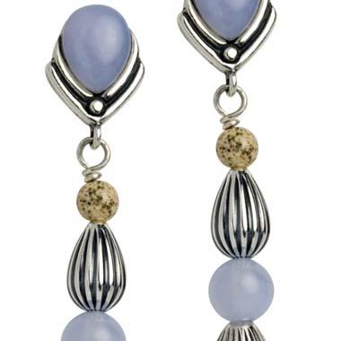 Cool blue chalcedony and kyanite combine with rustic picture jasper and smoky quartz to create a waterfall of subdued