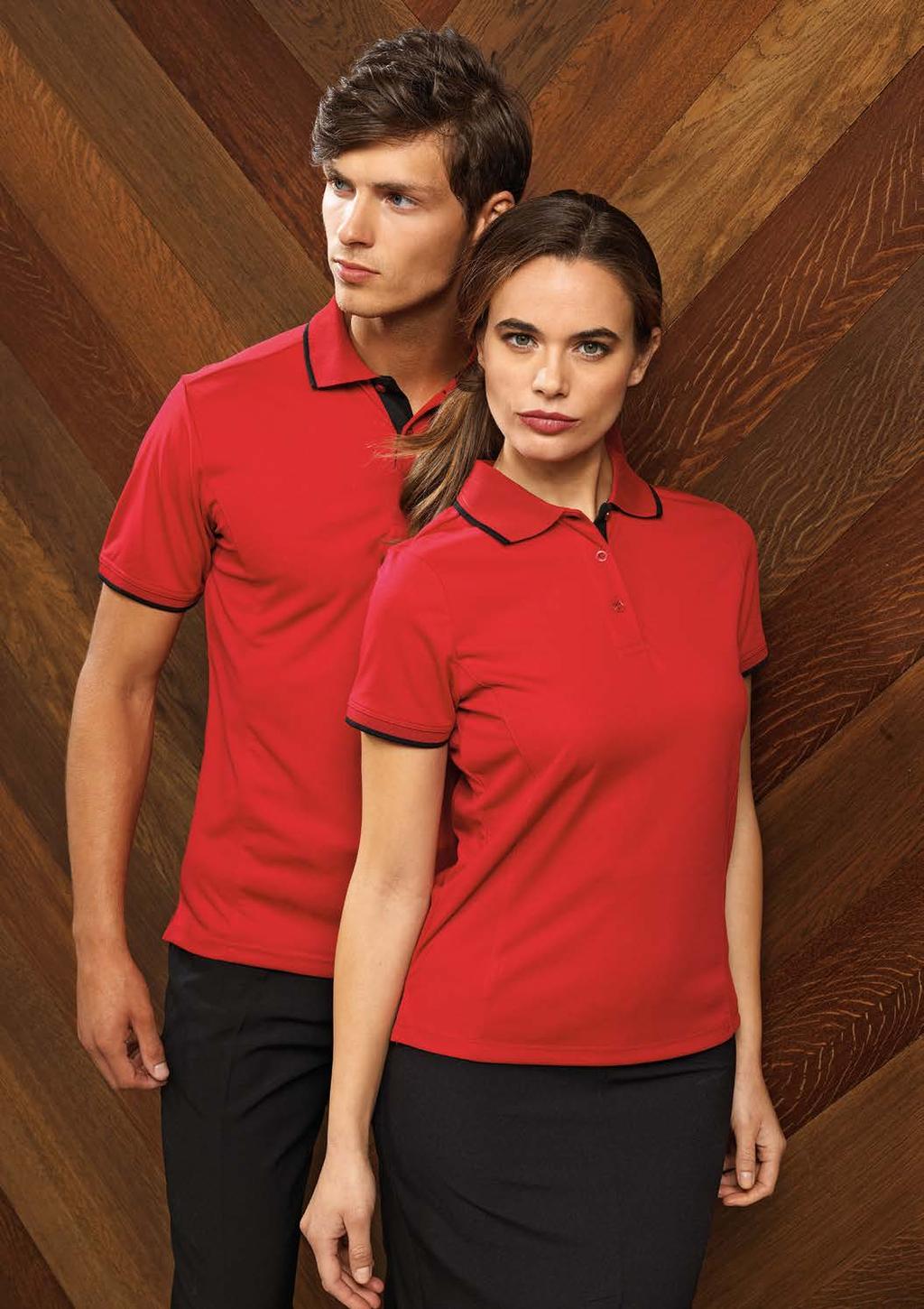 Tipped Coolchecker Polo PR619 Side panels for fitted shape Ribbed knit collar and cuffs Three button placket Contrast trim on collar, placket and sleeves Red/ Black Sunflower/Red