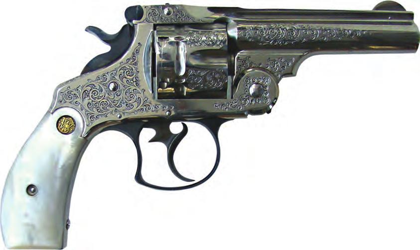 Figure 24. A.44 Double Action, serial number 28516. Model Number 3s, one.44 Double Action, and one.38 Double Action revolver, all Young-engraved with pearl grips, had list prices from $24 to $33 each.