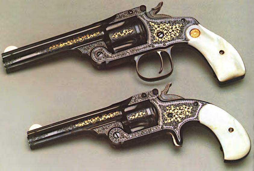 Figure 17. Young-engraved.32 Safety Hammerless, serial number 37005. Figure 18. Top: Young-engraved.38 Single Action, model 1891 4865. Bottom:.32 Single Action, model 92094 (Roy Jinks).