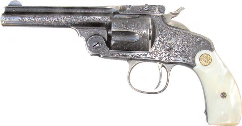 25). The barrel is decorated with etched scrollwork, and a sterling silver sheath covers the entire frame of the gun from the barrel hinge to the butt.