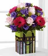 Includes Happy Birthday tag and striped ribbon. 5" sq. x 5"h. $70.08 ctn. of 12 (vase $4.99 accessory set $0.