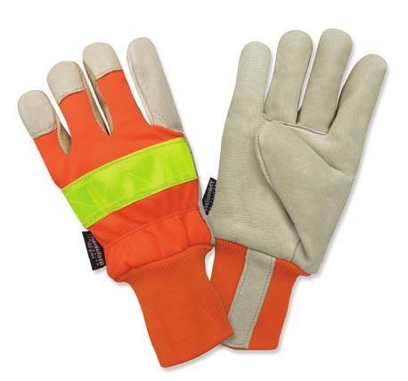 These leather gloves are great for heavy-duty road work, construction and heavy equipment operators. Orange back with reflective tape improves your visibility and safety in low-light situations.