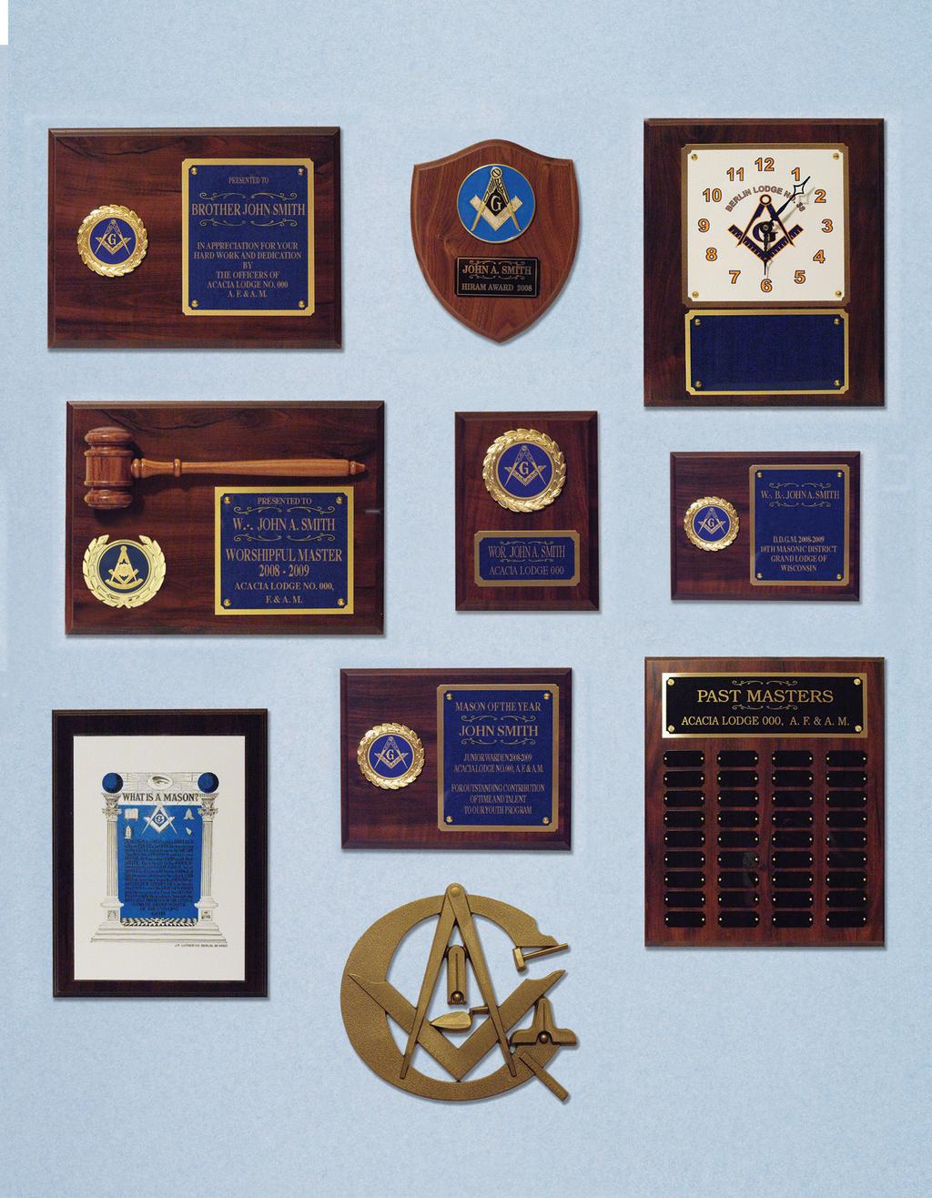WALNUT FINISH AWARD PLAQUES Specify choice of emblem Allow two weeks for delivery Engraving at 20 cents per character No. P-9012 9" x 12" $40.00 No. L-1546 7 x 6 Shield $17.00 No. P-C912 9" x 12" Clock Plaque $54.