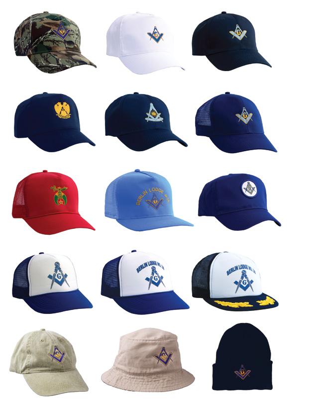 Custom Embroidery on Caps -Specify choice of emblem -Specify Lodge or personal name -Specify Lodge number or title -Added to price of each cap First line arched above emblem $6.