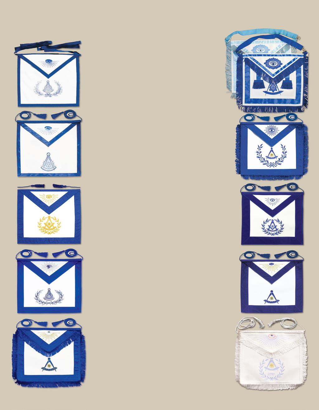PAST MASTER AND OFFICER APRONS All JP Luther Aprons Are Made in the USA Available for all jurisdictions. Call for a quote. A. Past Master -Double layer poly cotton, 13 x 15 -Shrink and stain resistant -Royal blue woven braid borders & ties -All Seeing Eye printed on flap -Emblem and wreath printed on body No.