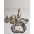 Collection of HM Silver items to include pierced dishes, cruets. Approx 158.8g 70-90 180. Vintage dog mantle clock 174.