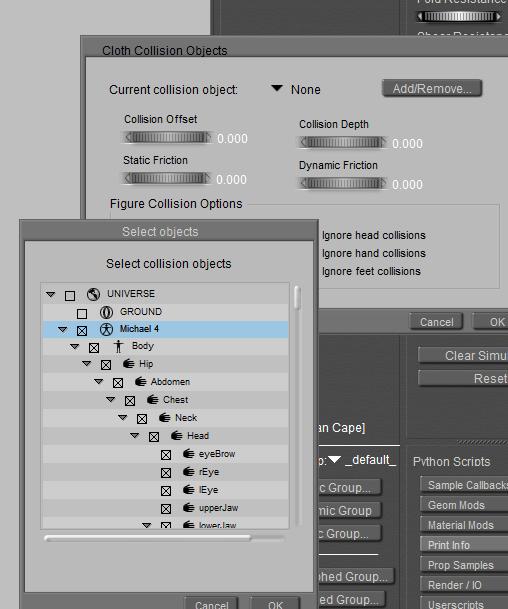 In the Cloth Collision Objects dialog box click the Add/Remove button. In the Select Objects box put an X in front of Dusk.