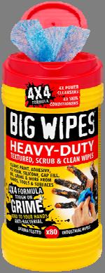HEAVY DUTY 4X4 BIG WIPES Ideal for heavy duty use on the toughest stains and dried on dirt, our industrial strength dual sided 'scrub & clean' Heavy Duty 4x4 wipes offer the fastest deepest clean