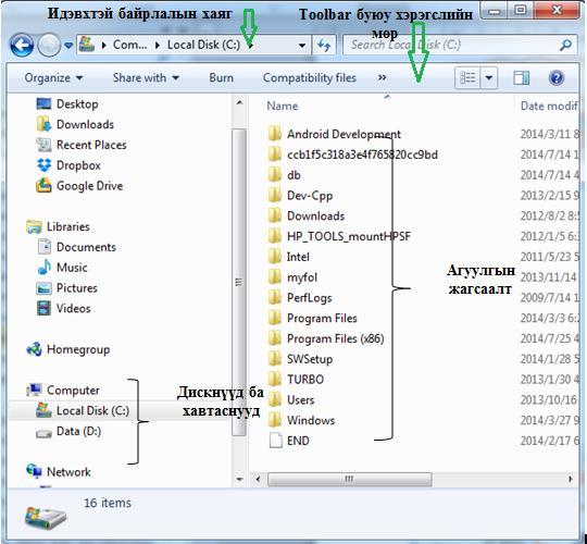 Файл болон хавтаснуудын харагдах хэлбэр Компьютер доторх файл, хавтаснуудын харагдацыг тохируулах хэд хэдэн сонголт байдаг. Windows Explorer цонх хоёр хэсэгт хуваагдана.