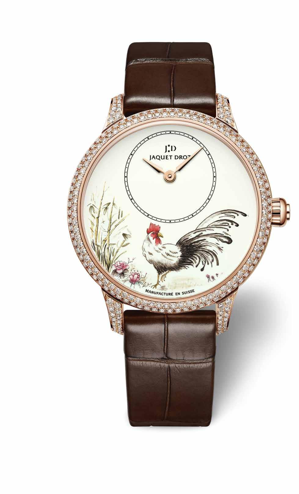 www.jaquet-droz.com Petite Heure Minute Rooster Watch, ivory grand feu enamel dial with miniature painting, 18K red gold case set with diamonds (1.