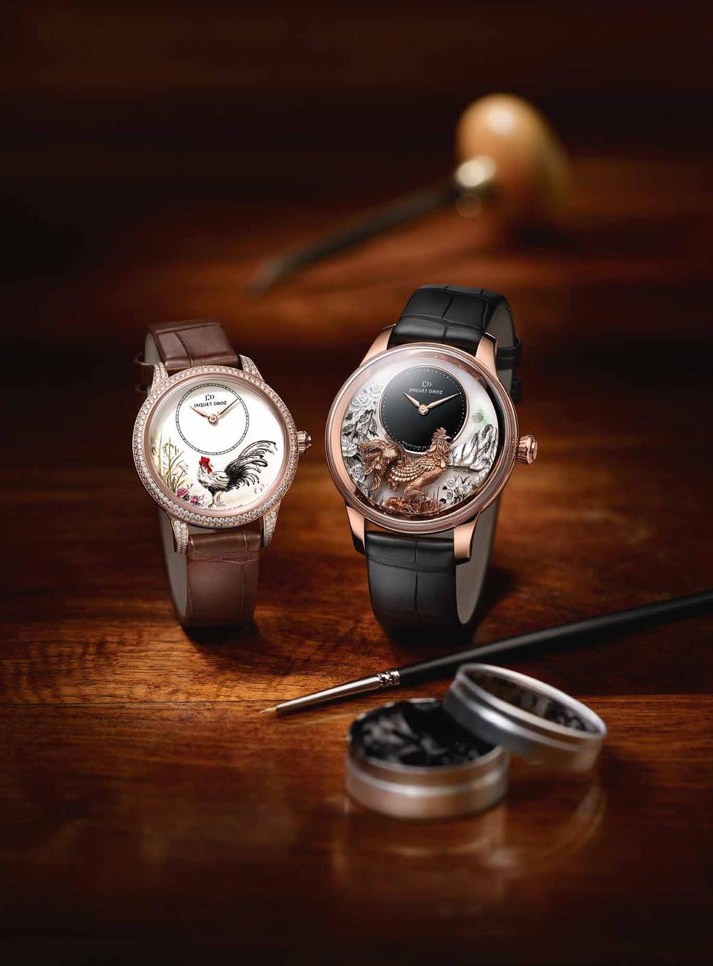 www.jaquet-droz.com (left) Petite Heure Minute Rooster Watch, ivory grand feu enamel dial with miniature painting, 18K red gold case set with diamonds (1.