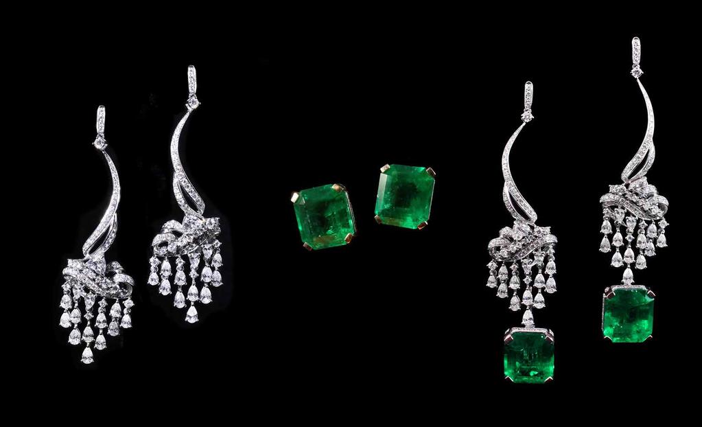 Chaoqiuhe@qq.com (site to be launched in March 2017) Three-way transformable earrings in 18K white gold set with two Colombian emeralds (respectively 10.11 & 10.06 carats - minor oil treatment), 5.