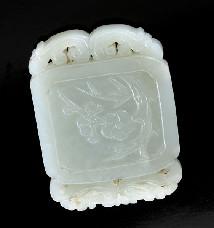 591 Chinese Qing carved white jade pendant, one side depicting plum blossoms, the verso with a poem.