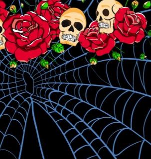 women hurt men using symbolic skulls decorated with flowers and leaves over a spider- web background.