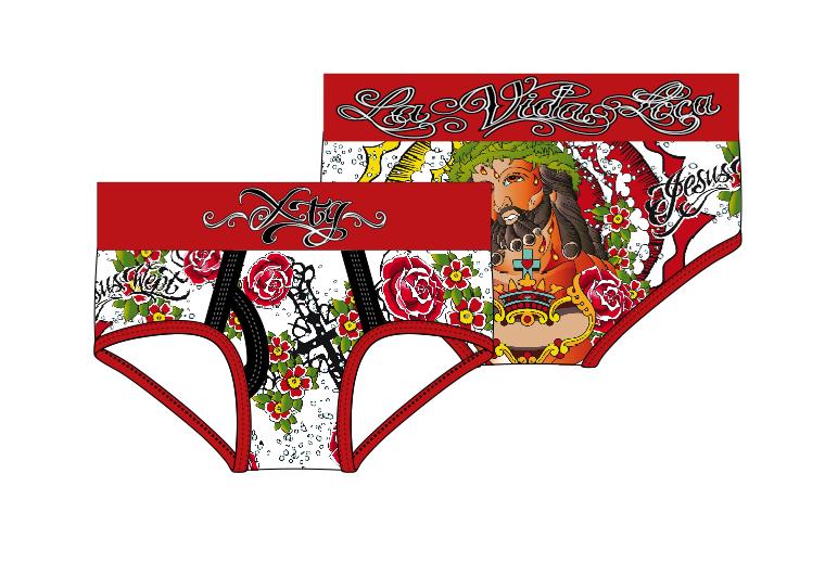 This style features in the rear a picture of Jesus crying for the sinners with a crown of thorns, surrounded in an aura of light and flowers and carrying a crown in his hands with the brand name XTG.