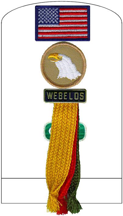 Right Sleeve (Webelos) The U.S. Flag Patch (worn by all scouts and adults) is worn centered and adjacent to the The Patrol Patch (worn by all) is sewn immediately below and touching the U.S. Flag Patch. If Webelos Colors Pin is worn, it is pinned below and touching the U.