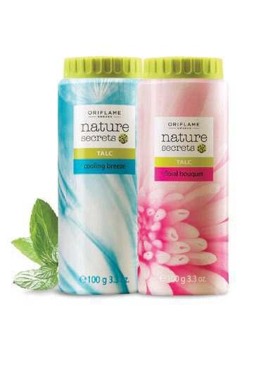 Refreshing minty scent with notes of Ylang & Sandalwood Nature Secrets Talc Cooling Breeze A refreshing body powder containing menthol, with a subtle minty scent. 100 g.
