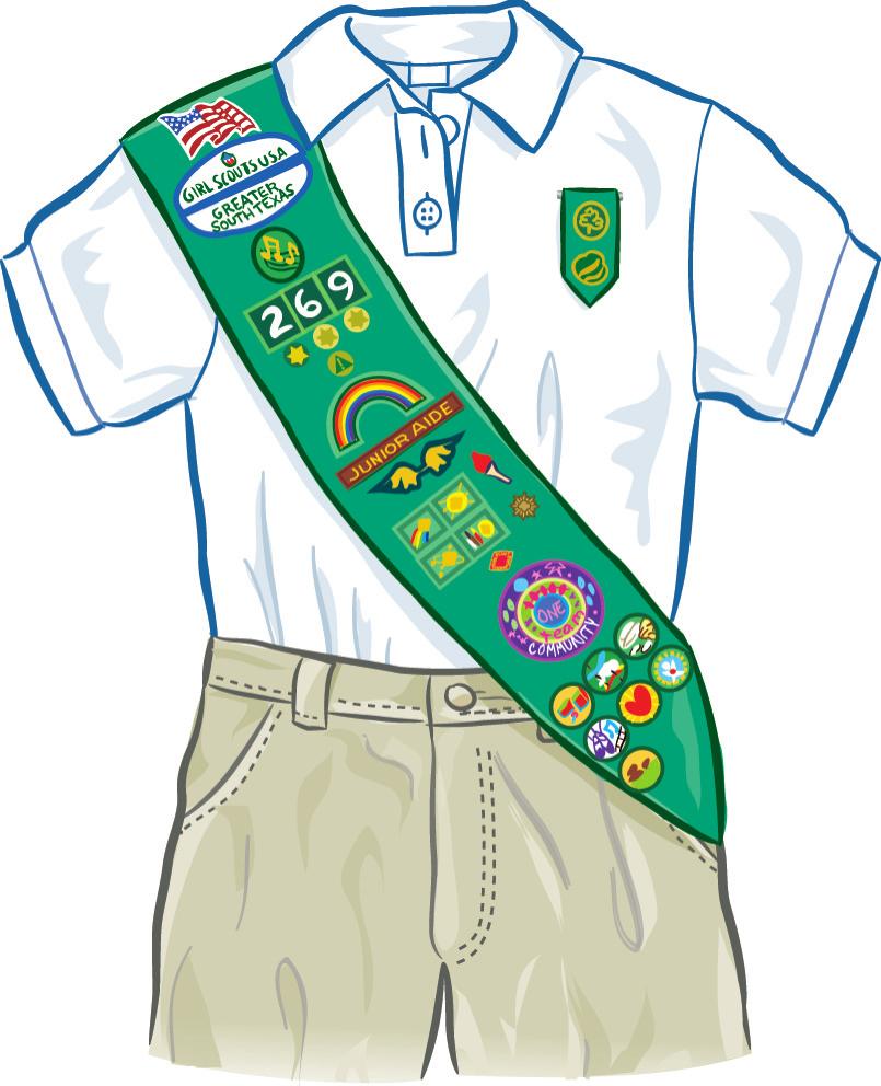 Girl Scout Junior Sash,, 0 A, B C, D 0. Junior Insignia Tab. Girl Scout Pin (traditional or contemporary). Junior Leadership Pin. Bronze Award Pin. Cookie Sale Activity Pin.
