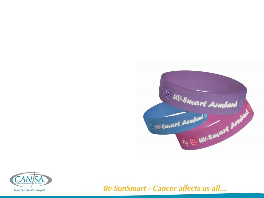 CANSA s UV-Smart Armbands The UV-Smart Armbands sell for R30 each and are available in blue, pink and purple in adult