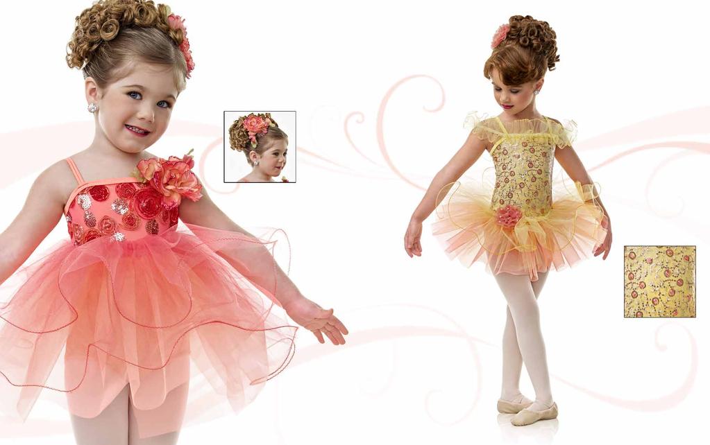 Style #C4-E889 8. Peaches and Cream Peach nylon/spandex leotard with embroidered bodice overlay, binding and flower trim, and attached glimmer tulle and tricot baby doll skirt.