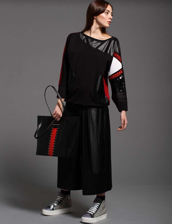 black sweatshirt with leather details xfe5176c1 pleated wide leg