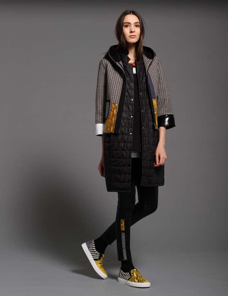 coat with hood xiw5129c1 quited long gilet xpm5244u1 top with leather details